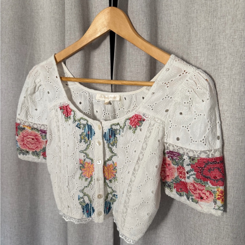 LoveShackFancy White Crop Top with Floral Embroidery